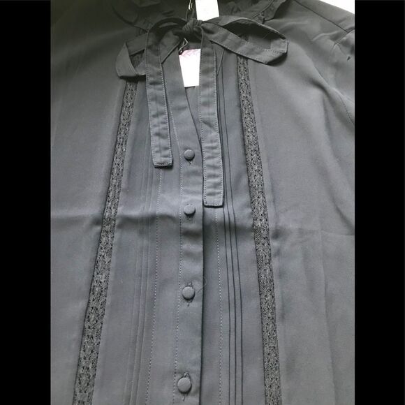 Chiffon Black Bell Sleeve Button Down Blouse - Picture 4 of 6